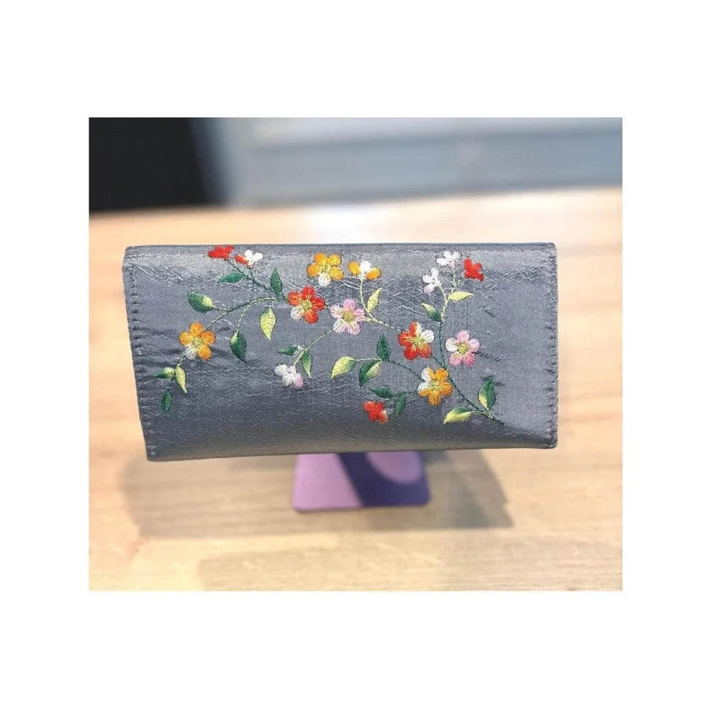 Floral Embroidered Gray Satin Clutch Wallet Magnetic Snap Organizer